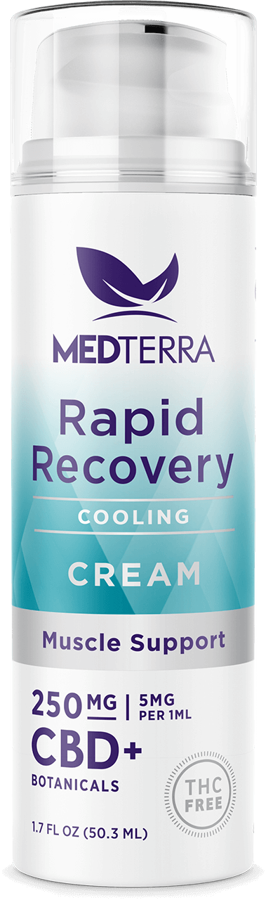 A white bottle labeled "[Free] Best Seller" with a purple leaf logo from Medterra. It mentions "Muscle Support," "250 mg CBD +," "5 mg per 1 ml," "THC Free," and "1.7 fl oz (50.3 ml)." The design has blue and green gradient accents.