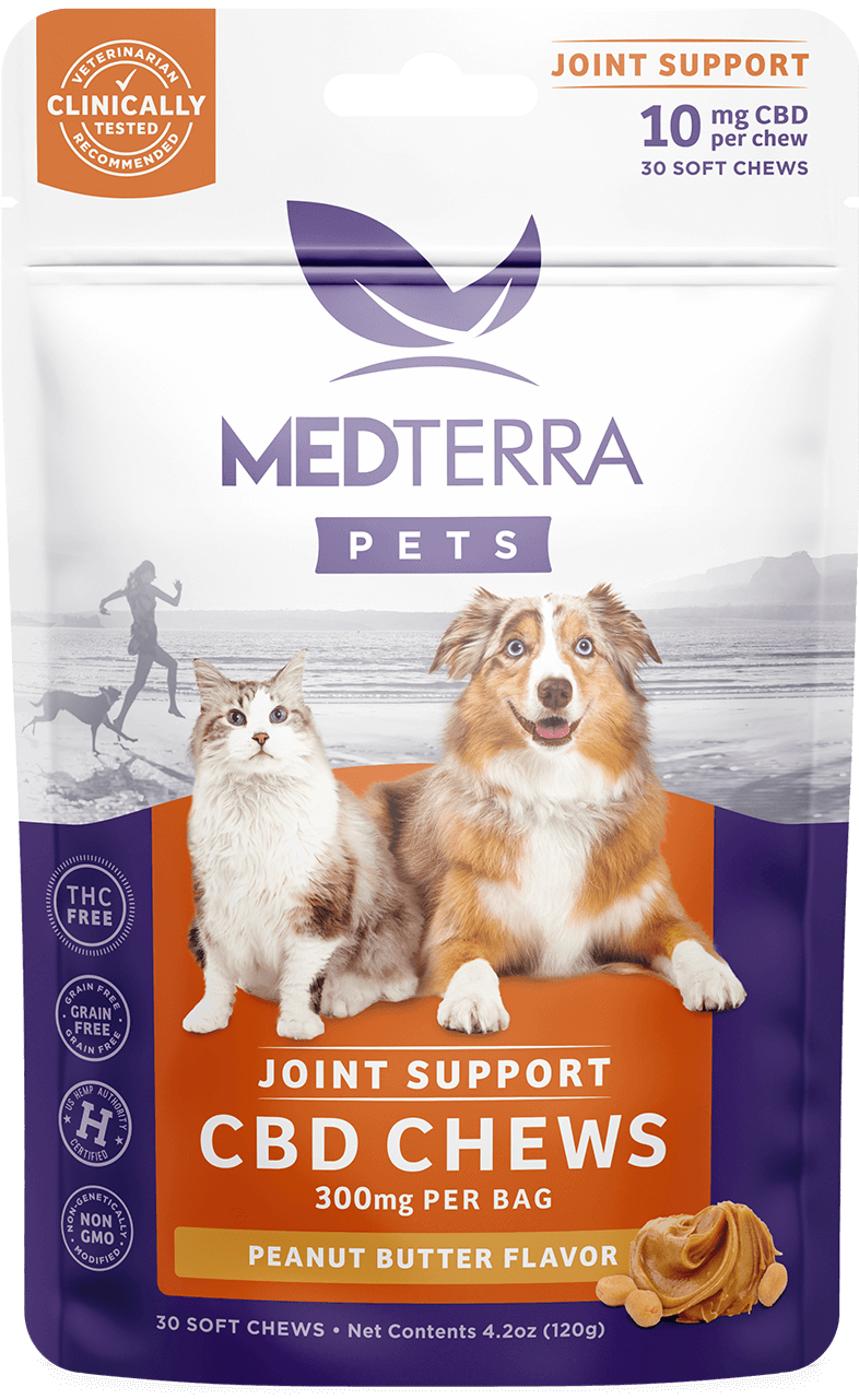 A package of Medterra's [Free] Best Seller Pet Joint Support CBD Chews in Peanut Butter Flavor features images of a cat and a dog on the front. The bag indicates it contains 10 mg of CBD per chew, totaling 300 mg per bag with 30 soft chews included.