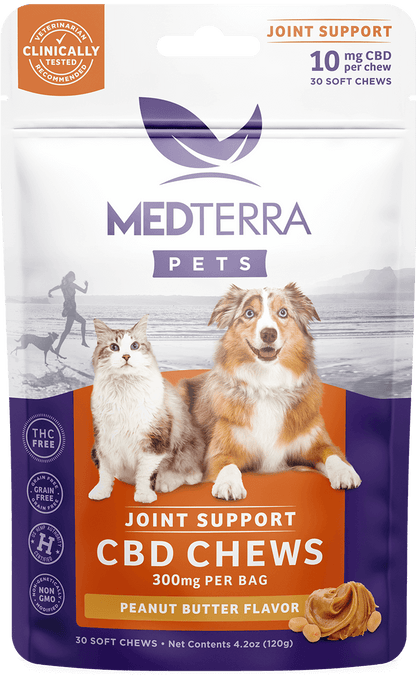 A package of Medterra's [Free] Best Seller Pet Joint Support CBD Chews in Peanut Butter Flavor features images of a cat and a dog on the front. The bag indicates it contains 10 mg of CBD per chew, totaling 300 mg per bag with 30 soft chews included.