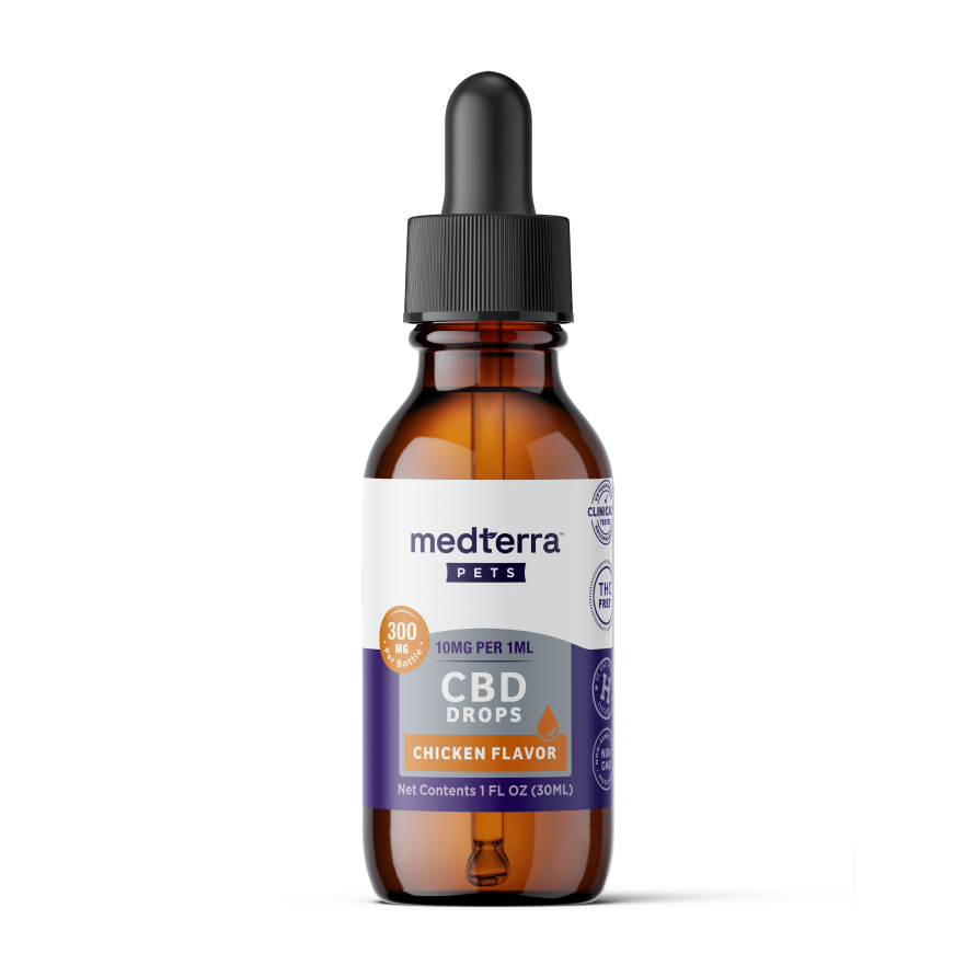 A brown glass dropper bottle labeled "Medterra Pet CBD Drops, Chicken Flavor, 10mg/1ml, 300mg total, 1 fl oz (30ml)" with a black dropper cap is shown on a white background—a quality CBD option for supporting pet wellness.