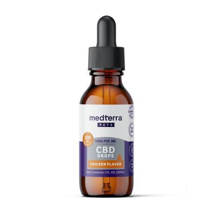 A brown glass dropper bottle labeled "Medterra Pet CBD Drops, Chicken Flavor, 10mg/1ml, 300mg total, 1 fl oz (30ml)" with a black dropper cap is shown on a white background—a quality CBD option for supporting pet wellness.