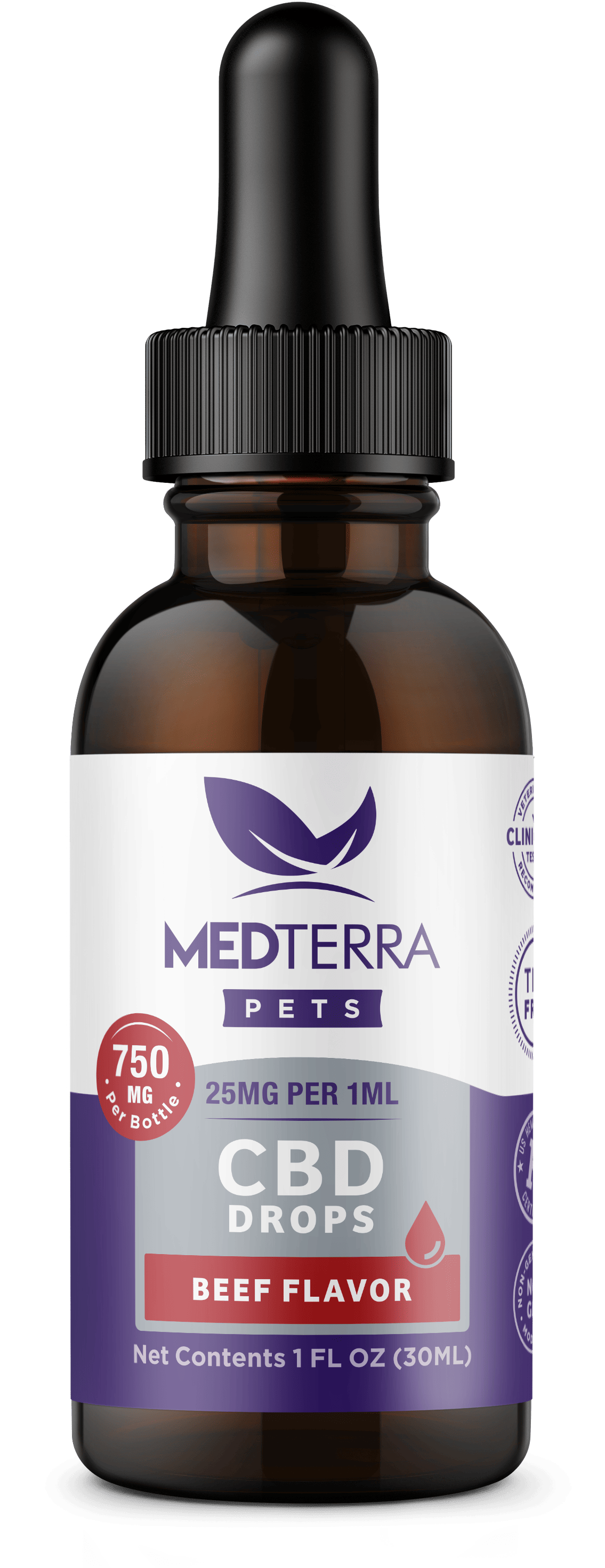 A brown glass dropper bottle of Medterra [Free] Best Seller Pets CBD Drops with beef flavor. The label indicates it's for pets, contains 25mg of CBD per 1ml, has a total of 750mg per bottle, and comes in a 1 fl oz (30ml) size. The label also displays "Clinically Tested" and "THC Free".