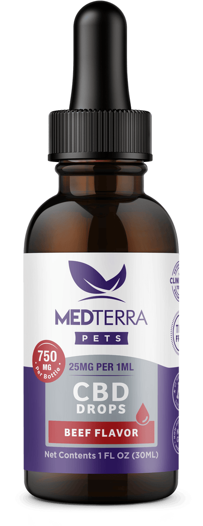 A brown glass dropper bottle of Medterra [Free] Best Seller Pets CBD Drops with beef flavor. The label indicates it's for pets, contains 25mg of CBD per 1ml, has a total of 750mg per bottle, and comes in a 1 fl oz (30ml) size. The label also displays "Clinically Tested" and "THC Free".
