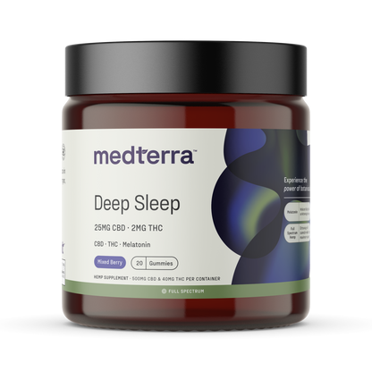 A jar of Medterra [Free] Best Seller Deep Sleep gummies is shown. The label indicates it contains CBD, THC, and melatonin. The jar has 20 mixed berry-flavored gummies, each with 25mg of CBD and 2mg of THC. The label also features a green and purple design with dosage instructions.