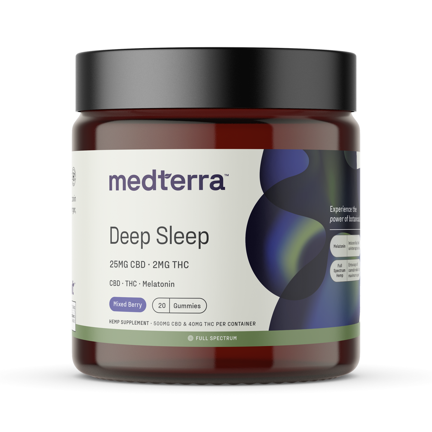 A brown jar labeled "Medterra CBD Free Deep Sleep Gummies" contains 20 mixed berry-flavored CBD gummies. Each gummy has 25mg of CBD, 2mg of THC, and melatonin. The label prominently features "Full Spectrum Hemp Extract" and encourages you to "Experience the power of human potential.