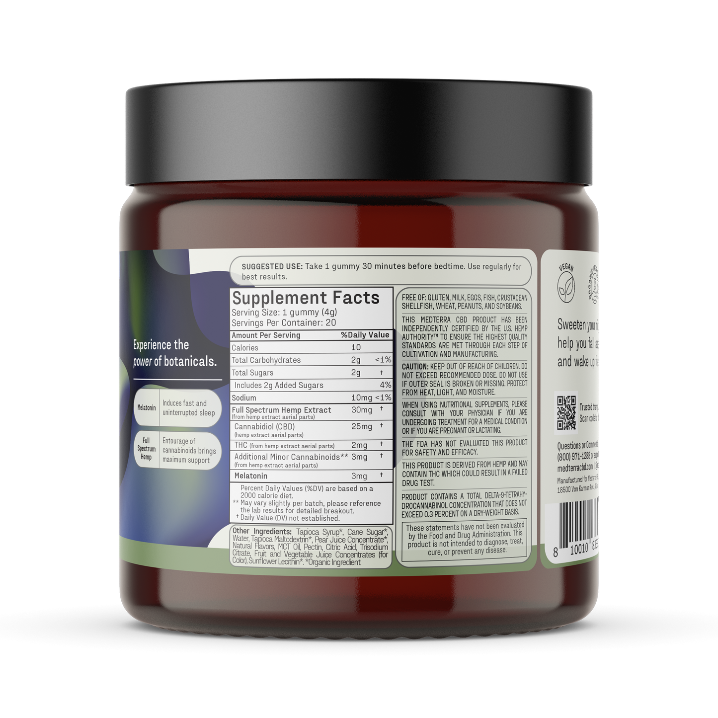 A cylindrical, dark-colored jar with a black lid, featuring a label displaying supplement facts and suggested use details for Medterra CBD's Free Deep Sleep Gummies. The text includes information about nutritional content, ingredients like CBD and THC, melatonin, magnesium, and usage instructions.