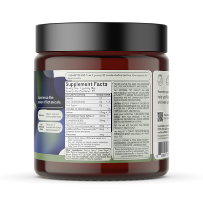 A cylindrical, dark-colored jar with a black lid, featuring a label displaying supplement facts and suggested use details for Medterra CBD's Free Deep Sleep Gummies. The text includes information about nutritional content, ingredients like CBD and THC, melatonin, magnesium, and usage instructions.