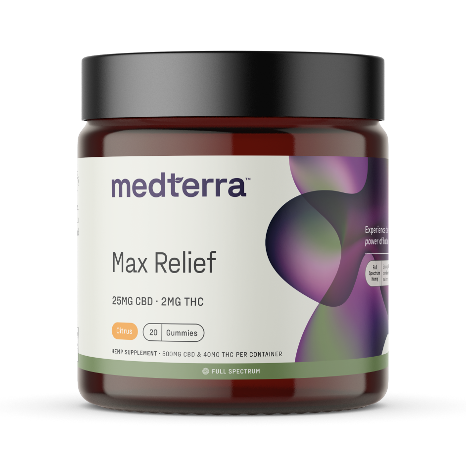 A brown jar with a black lid labeled "Medterra Max Relief Full Spectrum CBD Gummies" contains 20 citrus-flavored gummies, each with 25mg CBD and 2mg THC from hemp. The label features a modern, colorful design.