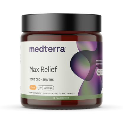 A brown jar with a black lid labeled "Medterra Max Relief Full Spectrum CBD Gummies" contains 20 citrus-flavored gummies, each with 25mg CBD and 2mg THC from hemp. The label features a modern, colorful design.