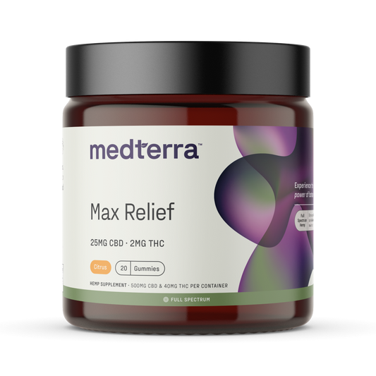 A brown jar with a black lid labeled "Medterra Max Relief Full Spectrum CBD Gummies" contains 20 citrus-flavored gummies, each with 25mg CBD and 2mg THC from hemp. The label features a modern, colorful design.
