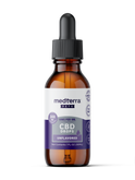 A brown glass dropper bottle labeled "Medterra Pet CBD Drops" contains 300mg unflavored CBD (10mg/1ml, 1 fl oz/30ml) and features pet-friendly and purity icons on a white and purple label for enhanced pet wellness.
