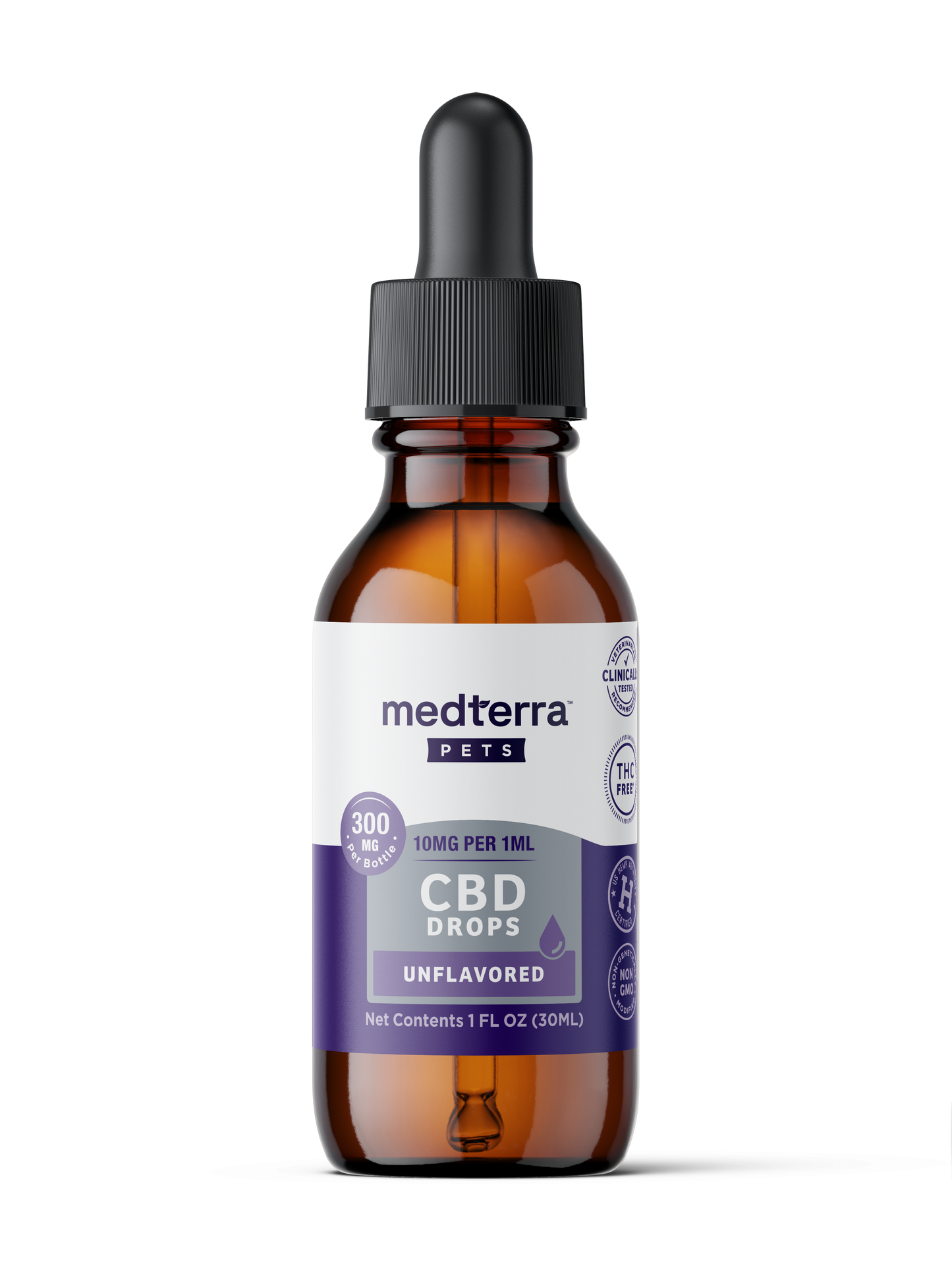 A brown glass dropper bottle labeled "Medterra Pet CBD Drops" contains 300mg unflavored CBD (10mg/1ml, 1 fl oz/30ml) and features pet-friendly and purity icons on a white and purple label for enhanced pet wellness.