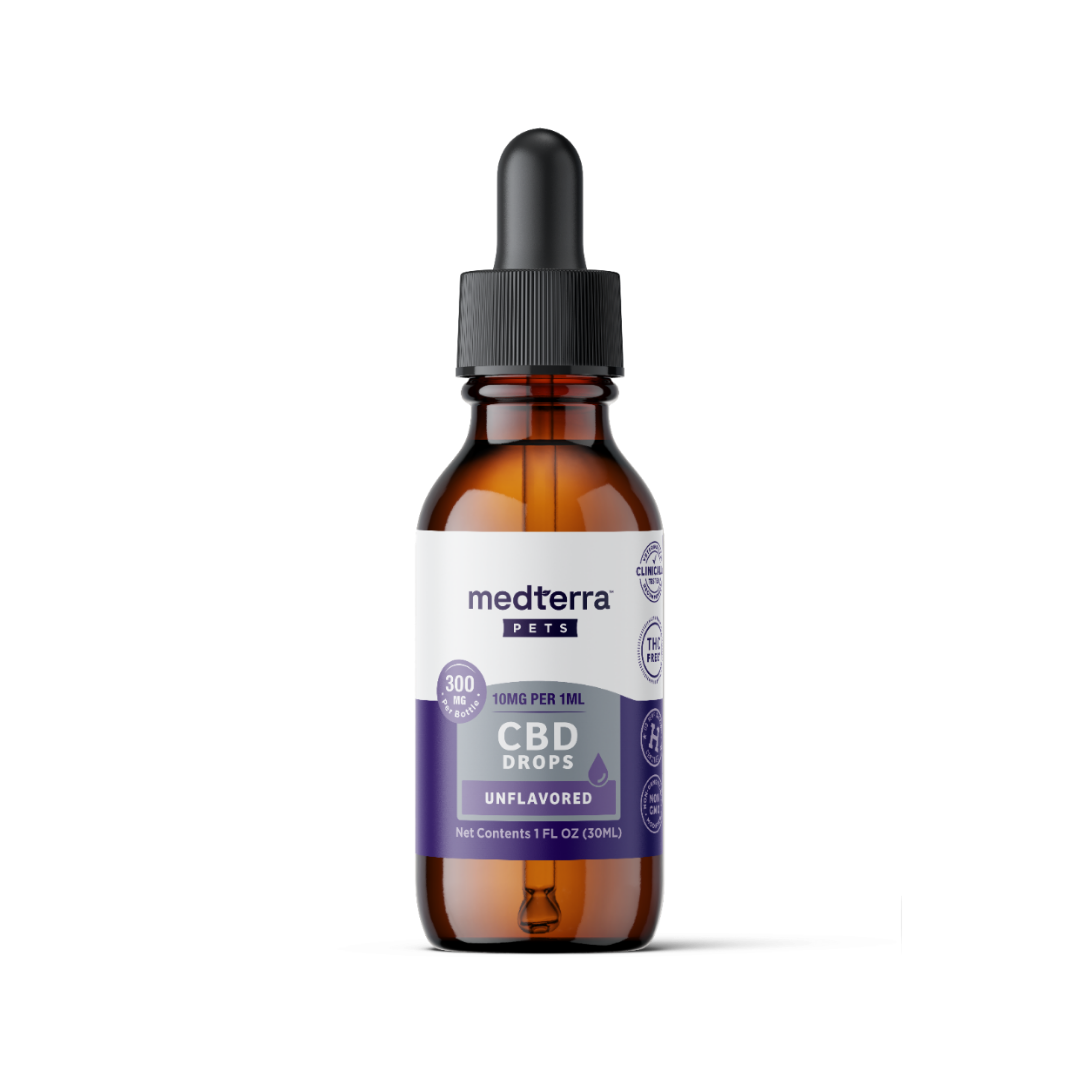 Front of Medterra Pets 30ml CBD tincture dropper bottle with label CBD Drops Unflavored 10mg/1mL 300mg on white