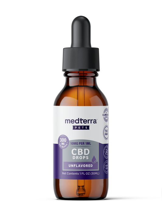 A brown glass dropper bottle labeled "Medterra Pet CBD Drops" contains 300mg unflavored CBD (10mg/1ml, 1 fl oz/30ml) and features pet-friendly and purity icons on a white and purple label for enhanced pet wellness.