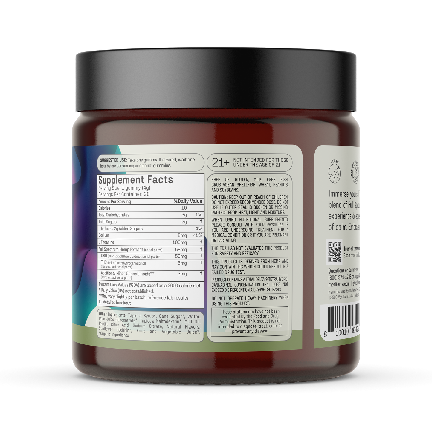A brown jar with a black lid features Medterra’s Unwind THC Gummies label, showcasing a colorful abstract left-side design, usage instructions, supplement facts, calming ingredients, warnings, and barcode—ideal for relaxation.