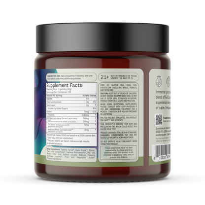 A brown jar with a black lid features Medterra’s Unwind THC Gummies label, showcasing a colorful abstract left-side design, usage instructions, supplement facts, calming ingredients, warnings, and barcode—ideal for relaxation.