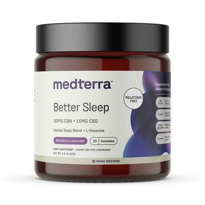 A jar of Medterra Better Sleep TruCBN® Gummies, featuring 50mg CBN and 10mg CBD per gummy in Blackberry Lemonade flavor. This melatonin-free sleep aid includes 20 broad spectrum CBD gummies with a black lid and purple accents.