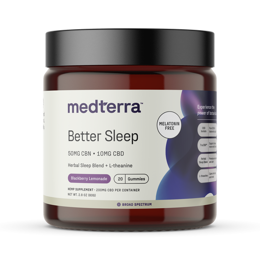 A jar of Medterra Better Sleep TruCBN® Gummies, featuring 50mg CBN and 10mg CBD per gummy in Blackberry Lemonade flavor. This melatonin-free sleep aid includes 20 broad spectrum CBD gummies with a black lid and purple accents.