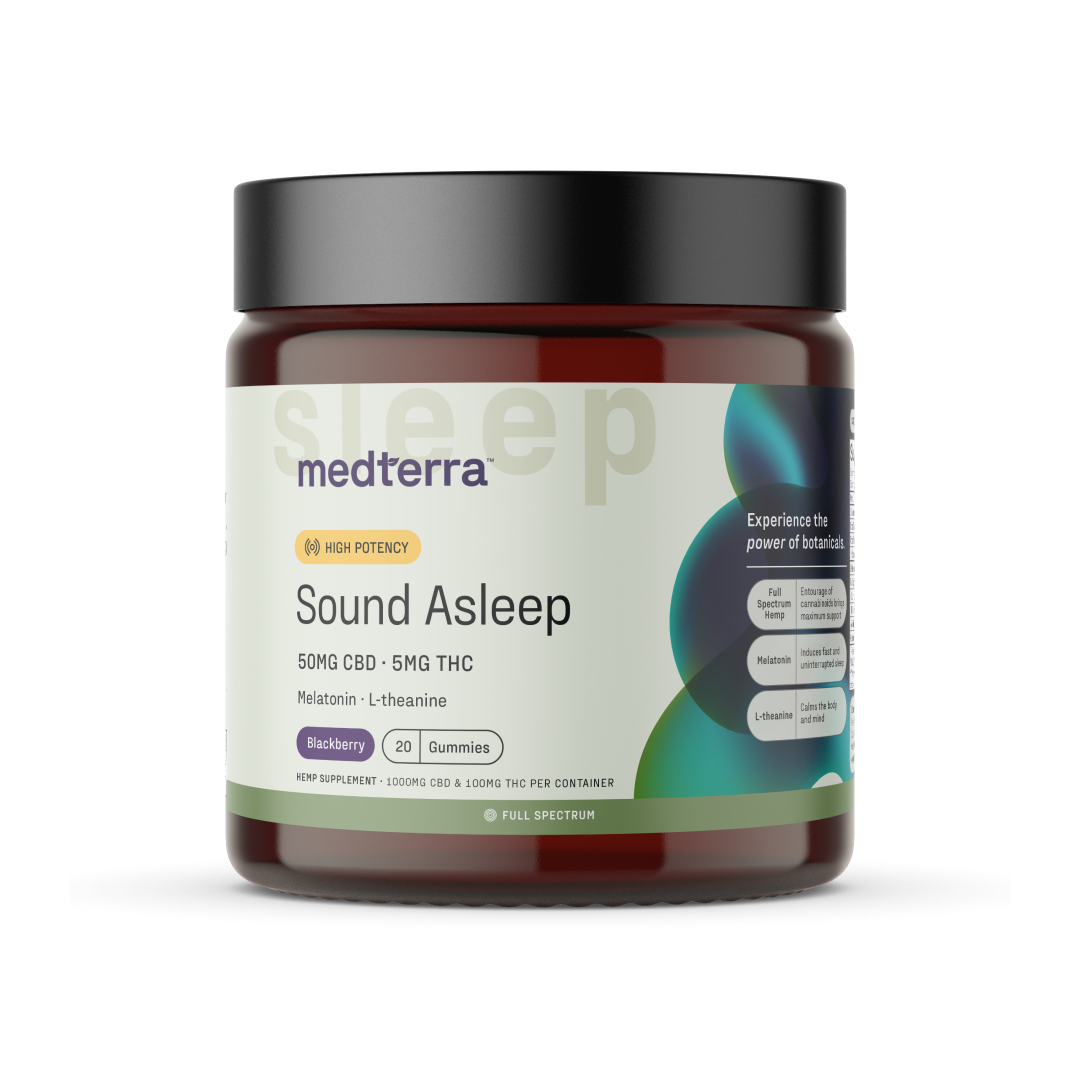A jar labeled "Medterra [Free] Best Seller" contains 50mg of CBD and 5mg of THC per serving, with melatonin and L-theanine. The product is designed for sleep support and includes 30 gummies in a blackberry flavor. The jar features a brown container with a black lid and a light-colored label.