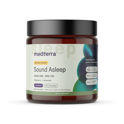 A jar labeled "Medterra [Free] Best Seller" contains 50mg of CBD and 5mg of THC per serving, with melatonin and L-theanine. The product is designed for sleep support and includes 30 gummies in a blackberry flavor. The jar features a brown container with a black lid and a light-colored label.