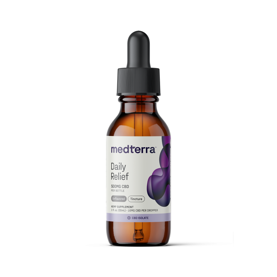 Image of a brown glass bottle with a black dropper cap, labeled "Medterra [Free] Best Seller." The label indicates it contains "500mg CBD" and is a "CBD Isolate" tincture. The bottle is positioned against a plain white background.