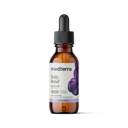 Image of a brown glass bottle with a black dropper cap, labeled "Medterra [Free] Best Seller." The label indicates it contains "500mg CBD" and is a "CBD Isolate" tincture. The bottle is positioned against a plain white background.