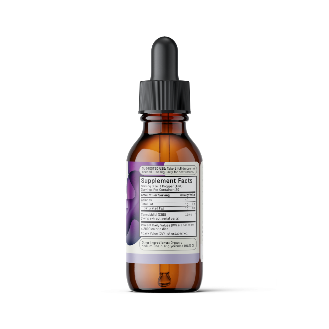 A brown glass dropper bottle with a black cap contains Medterra's Daily Relief CBD Isolate Oil. A label is attached to the bottle displaying "Supplement Facts" and a list of ingredients in small text. The background is white, and the bottle is the only object in the image.