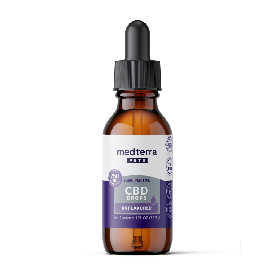A brown bottle labeled "Medterra Pet CBD Drops" (750 mg CBD, unflavored) with a white and purple label and black dropper cap. Ideal for pet wellness, these drops from Medterra are easy to use and great for pets.