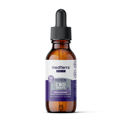 A brown bottle labeled "Medterra Pet CBD Drops" (750 mg CBD, unflavored) with a white and purple label and black dropper cap. Ideal for pet wellness, these drops from Medterra are easy to use and great for pets.