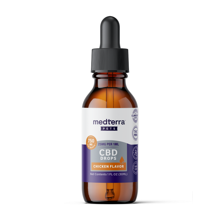 An amber glass dropper bottle labeled "Medterra Pet CBD Drops, Chicken Flavor, 750 mg, 25 mg per 1 mL" features a black dropper cap and a purple, white, and orange label on a white background.