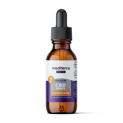 An amber glass dropper bottle labeled "Medterra Pet CBD Drops, Chicken Flavor, 750 mg, 25 mg per 1 mL" features a black dropper cap and a purple, white, and orange label on a white background.