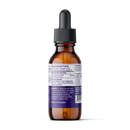 The Medterra Daily Relief Pet CBD Tincture comes in an amber glass dropper bottle with a black cap and a white-purple label showing supplement facts, ingredients, and usage instructions to support joint health in pets.