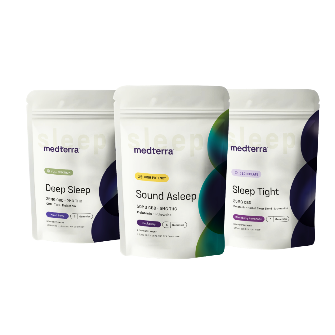The Medterra Sleep Discovery Kit is shown upright, featuring colorful pouches labeled Deep Sleep (Full Spectrum), Sound Asleep (High Potency), and Sleep Tight (CBD Isolate) sleep gummies.