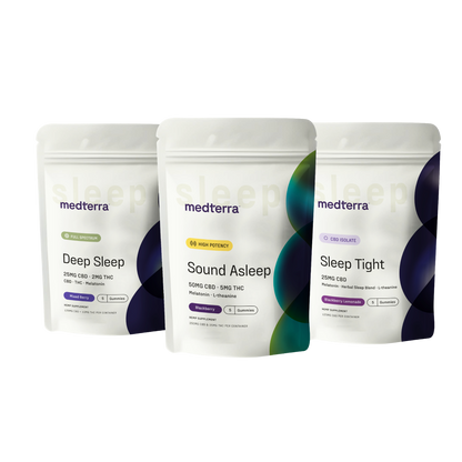 The Medterra Sleep Welcome Kit features three standing pouches of sleep gummies—Deep Sleep, Sound Asleep, and Sleep Tight—each with unique CBD and THC blends. Experience better rest and fall asleep faster with Medterra’s premium supplements.