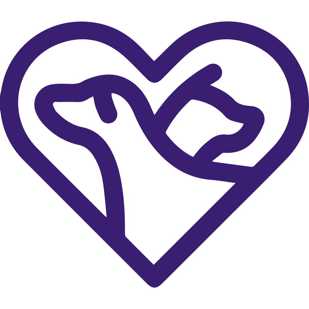 A purple outline of a heart features the profiles of a dog and a cat facing each other. The cat's profile is within the upper right curve of the heart, and the dog's profile is within the left curve, forming a cohesive and harmonious design.