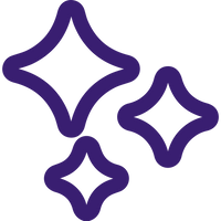 A minimalist illustration features three purple, stylized, four-pointed star shapes of varying sizes scattered across a white background. The shapes have rounded edges, giving a soft and whimsical appearance.
