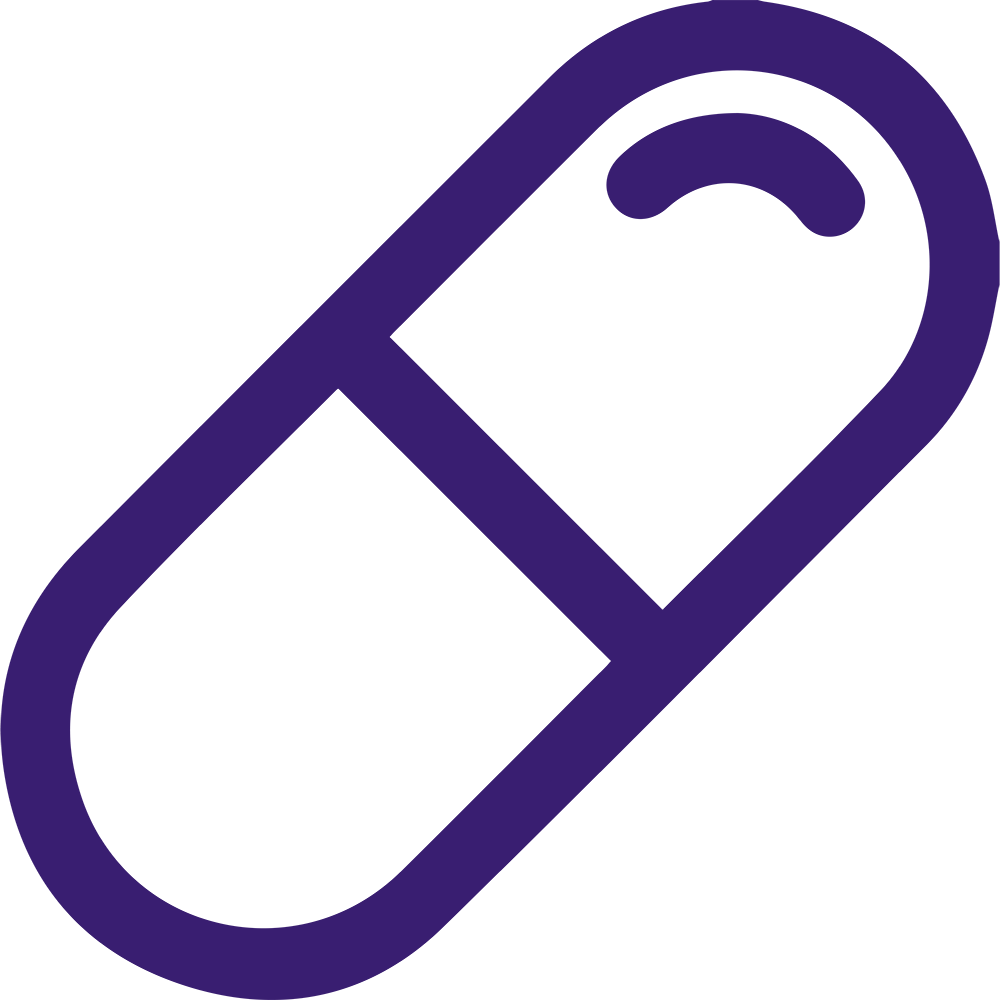 A simple illustration of a capsule pill, outlined in purple. The capsule is divided into two sections, with one half slightly darker than the other. The outline is thick and uniform throughout.