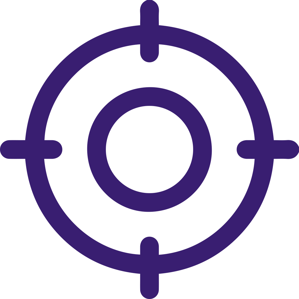 A purple icon depicting a circular crosshair. The design consists of a central circle with a smaller solid circle in the middle and four lines extending outward at equal intervals, creating a targeted focus appearance.