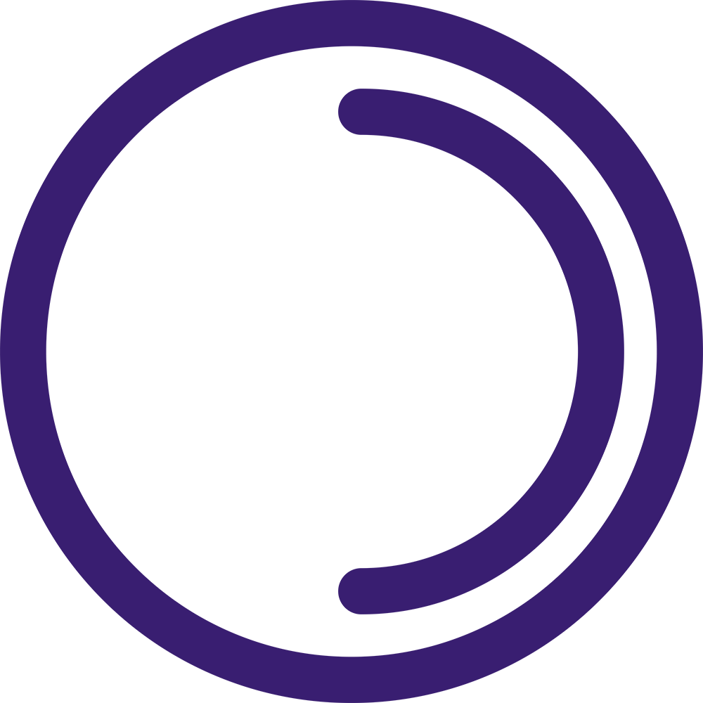 A purple circular outline with a thickened segment on the right side, resembling a stylized incomplete ring or a minimalist abstract shape. The overall shape is clean and simple, set against a transparent background.