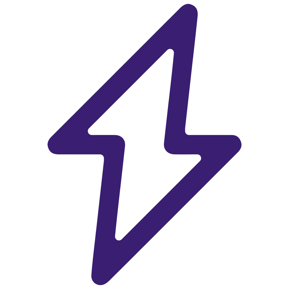 A simple, stylized purple lightning bolt icon is displayed against a white background. The bolt has a distinct, continuous, single-line outline with sharp angles, giving it a modern and minimalist look.