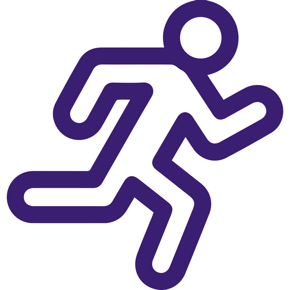 A purple stick figure running icon. The abstract figure is depicted in motion with bent arms and legs, representing an active, energetic movement. The design is simple and bold, using thick lines for clear visibility.