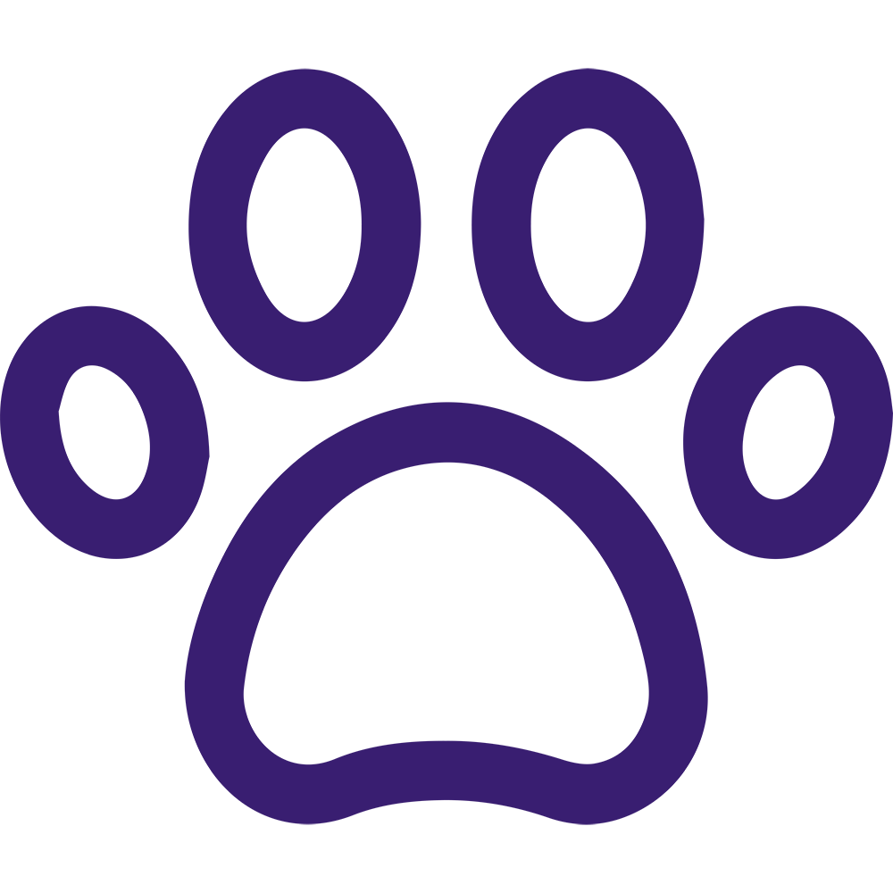 A simple, purple paw print icon, showing four oval-shaped toe pads and a larger, rounded pad at the base, all outlined with a thick, smooth purple line. The background is transparent.