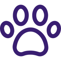 A simple, purple paw print icon, showing four oval-shaped toe pads and a larger, rounded pad at the base, all outlined with a thick, smooth purple line. The background is transparent.