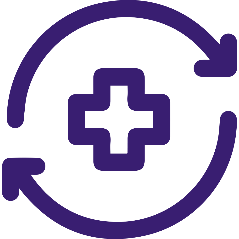 A purple icon featuring a medical cross at the center, encircled by two curved arrows forming a continuous loop, indicating a sense of ongoing health care or medical services.