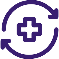 A purple icon featuring a medical cross at the center, encircled by two curved arrows forming a continuous loop, indicating a sense of ongoing health care or medical services.