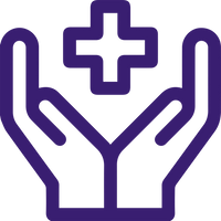 A purple icon showing two hands facing upwards with a cross symbol above them, signifying healthcare or medical help.