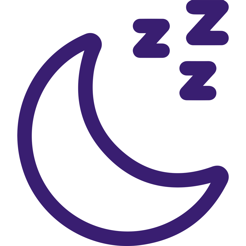 A simple, purple outline icon of a crescent moon with three "Z" symbols above it, indicating sleep or nighttime.