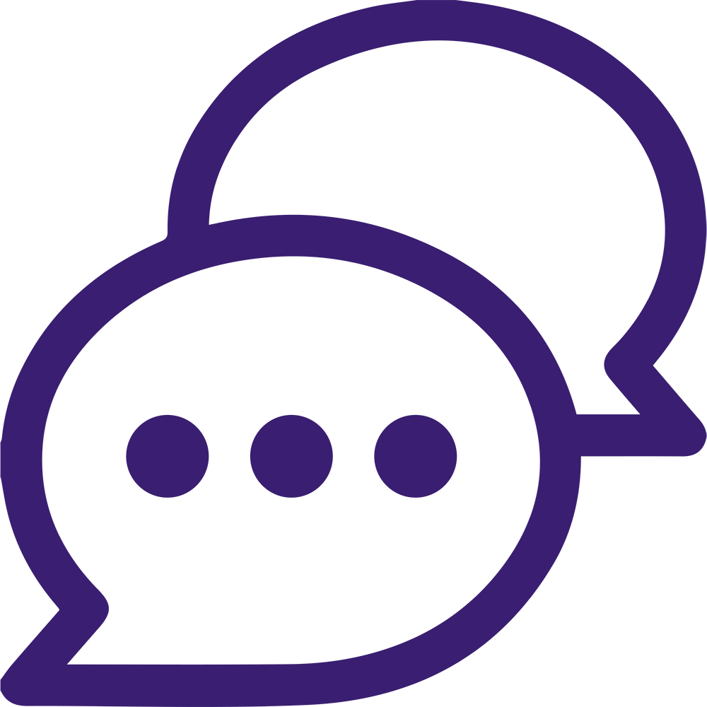 A purple icon of two cartoon-style speech bubbles. One bubble is in the foreground with three dots inside, indicating a text message or conversation. The second bubble slightly overlaps and is positioned behind the first one.