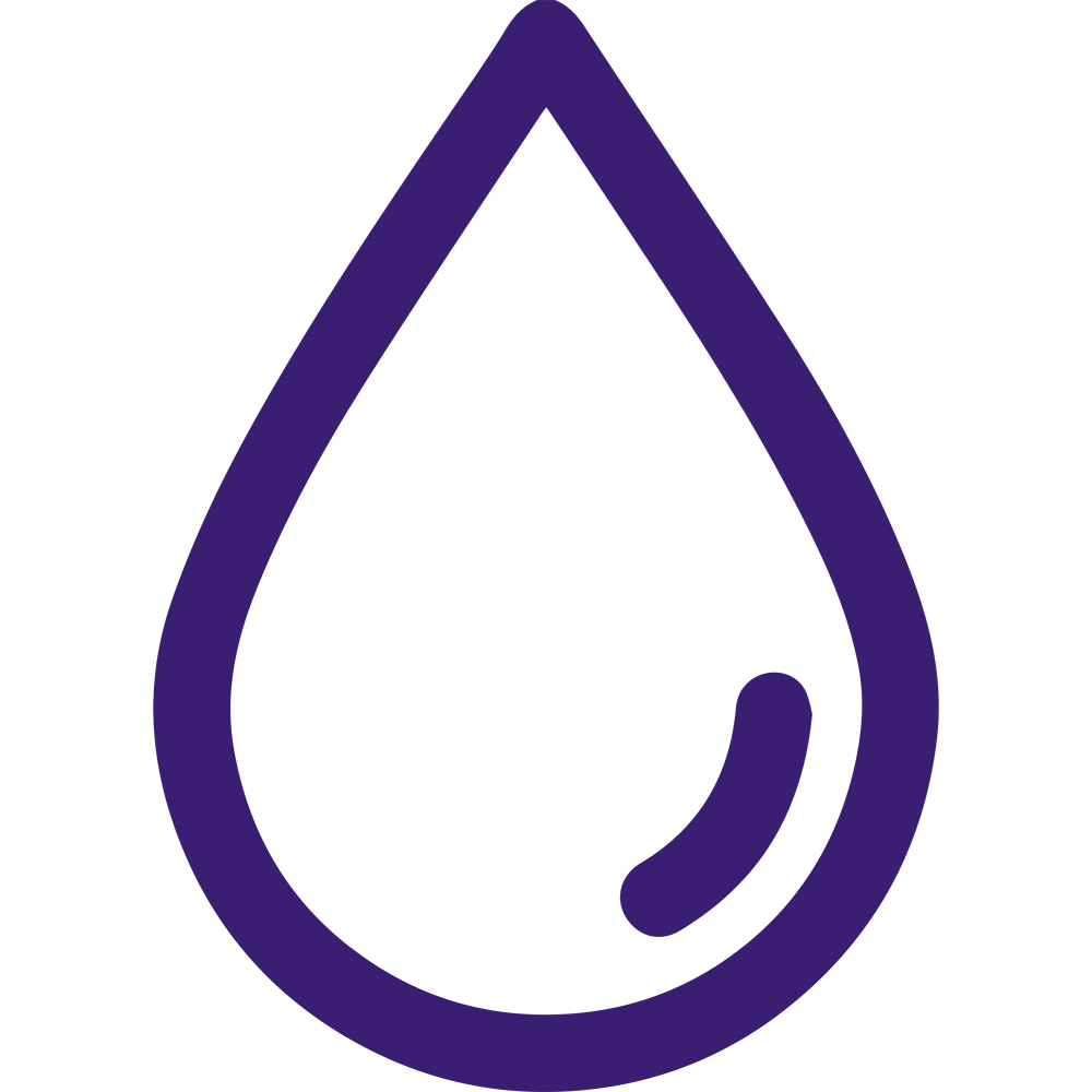 A simple, purple, drop-shaped outline resembling a water droplet with a small curved highlight on the right side. The minimalist design features clean lines and a rounded bottom, giving it a smooth and modern look.