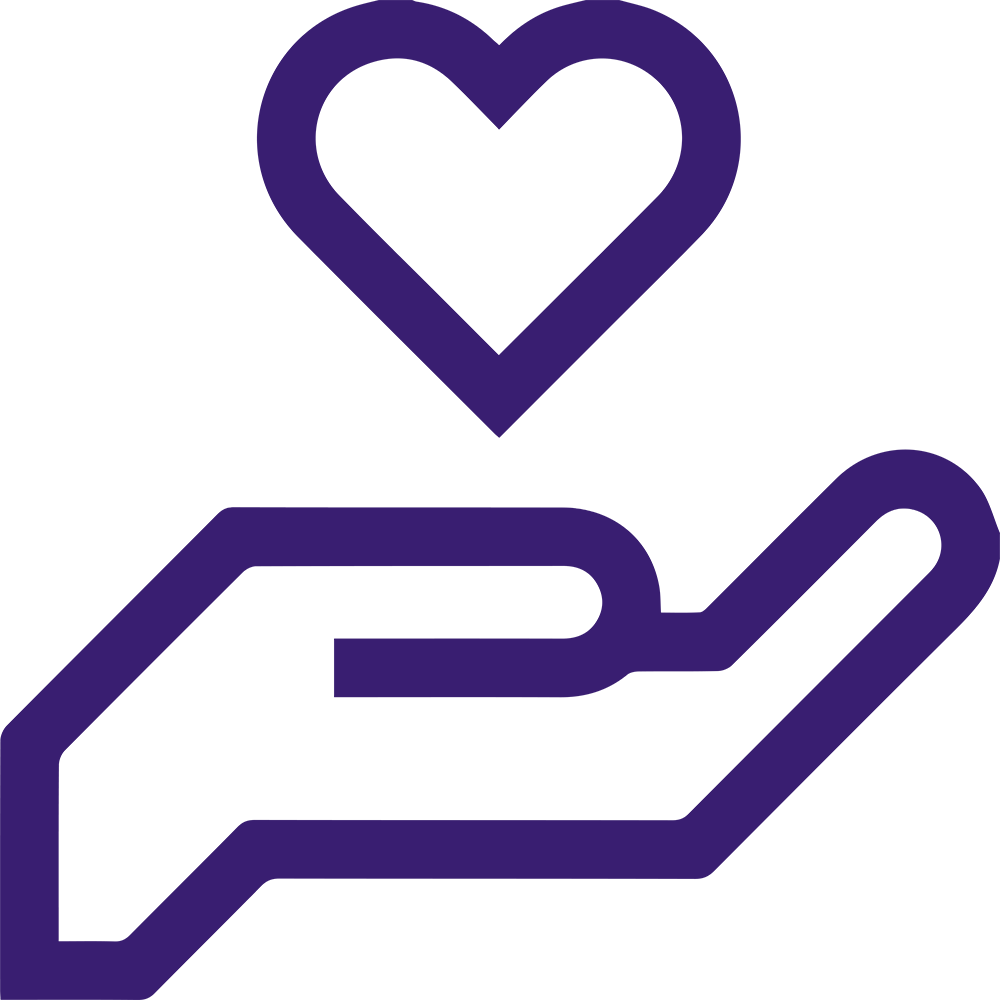 A purple line drawing of a hand with the palm open and facing up, holding a heart shape. The design is simplistic and minimalistic, symbolizing giving, care, generosity, or love.